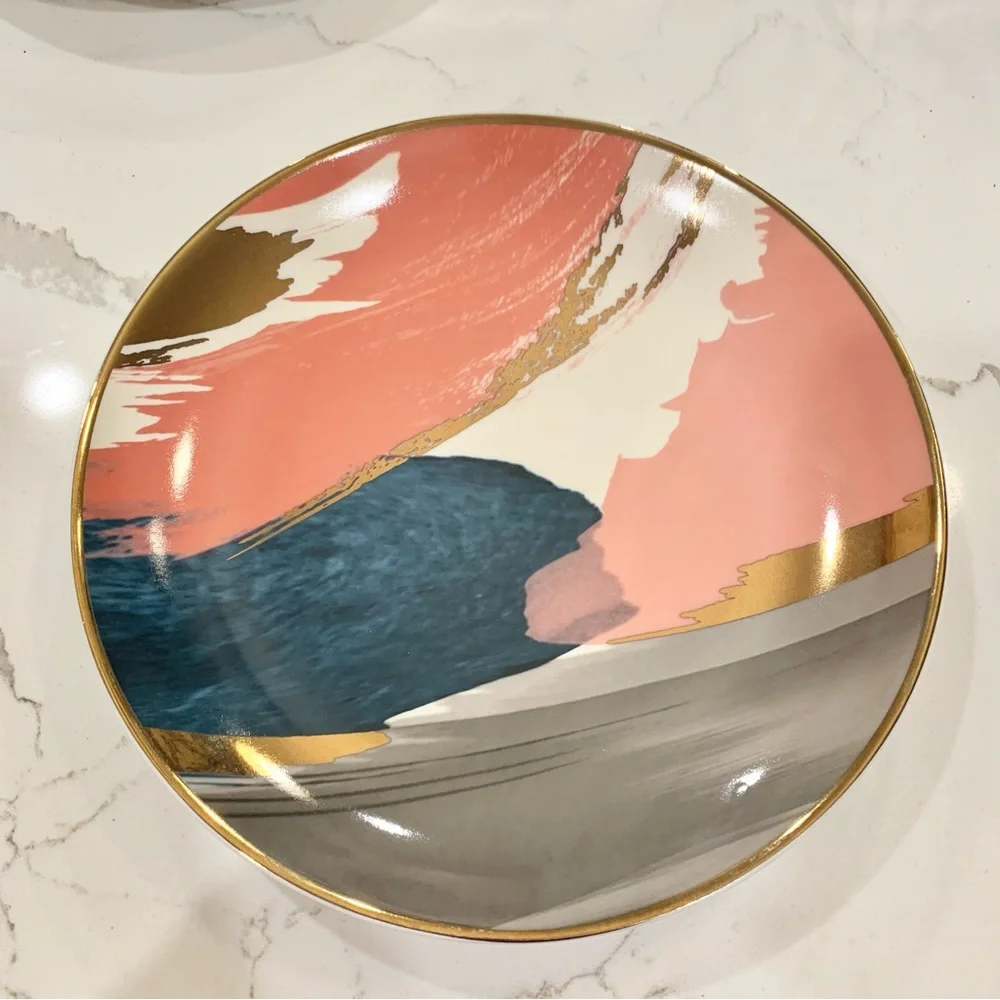 Blue Pink Gold Abstract Brush Strokes Salad Plate 9” - Picture 5 of 7